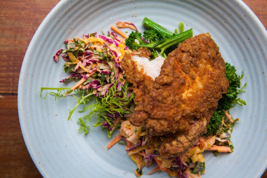 Paleo Fried Chicken with Kimchi Slaw & Sriracha Mayo