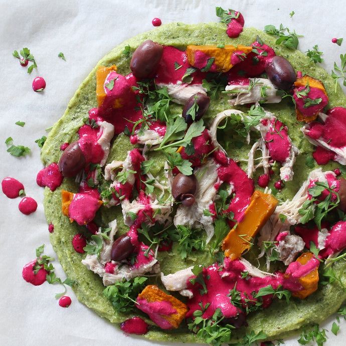 GREEN PIZZA WITH BEETROOT TZATZIKI