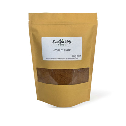 Function Well Foods Organic Coconut Sugar 500g packaging on white, with a soft rear-right shadow.