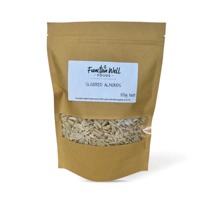Function Well Foods Slivered Almonds 500g packaging on white, with a soft rear-right shadow.