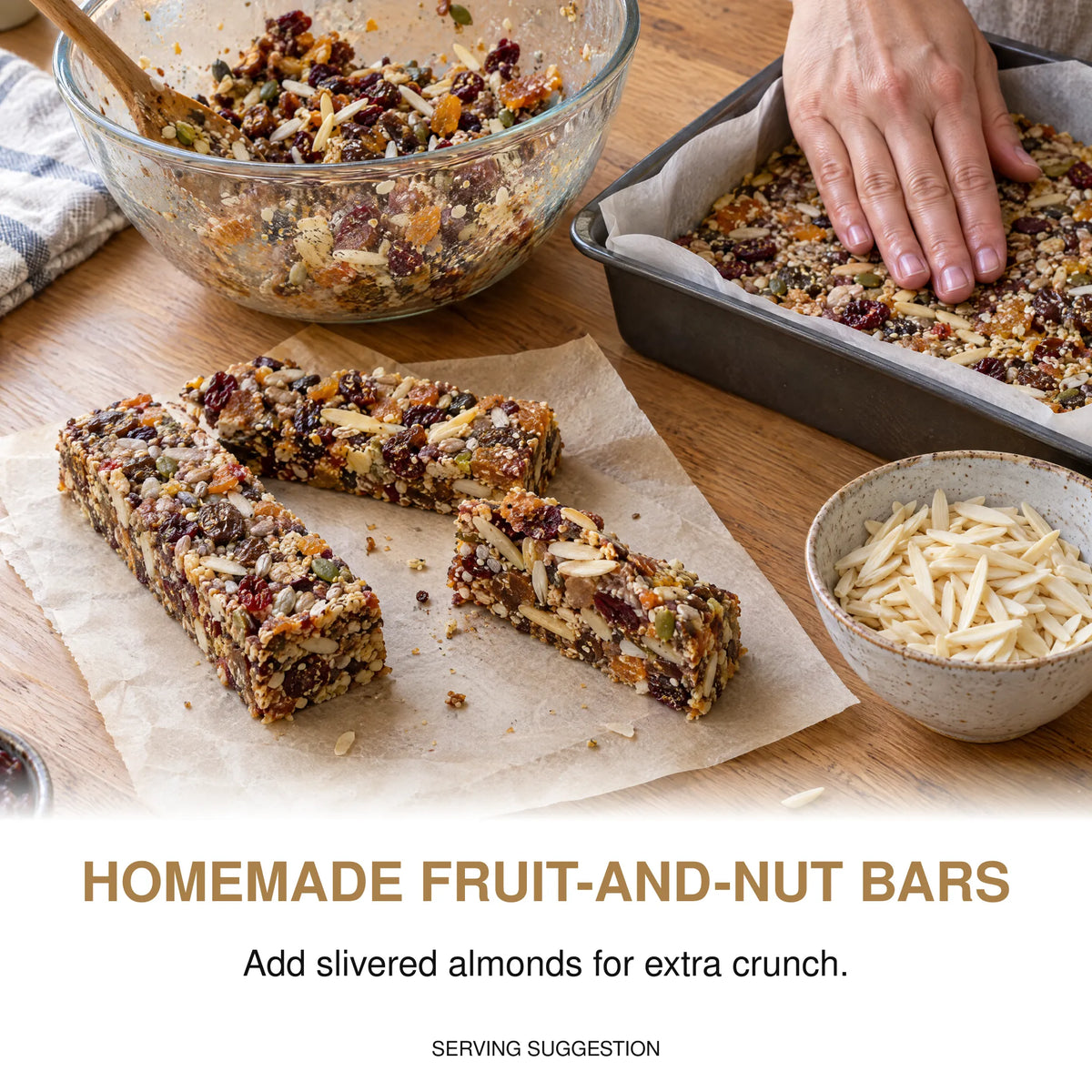 Homemade fruit-and-nut bars: Add slivered almonds for extra crunch. Serving suggestion.