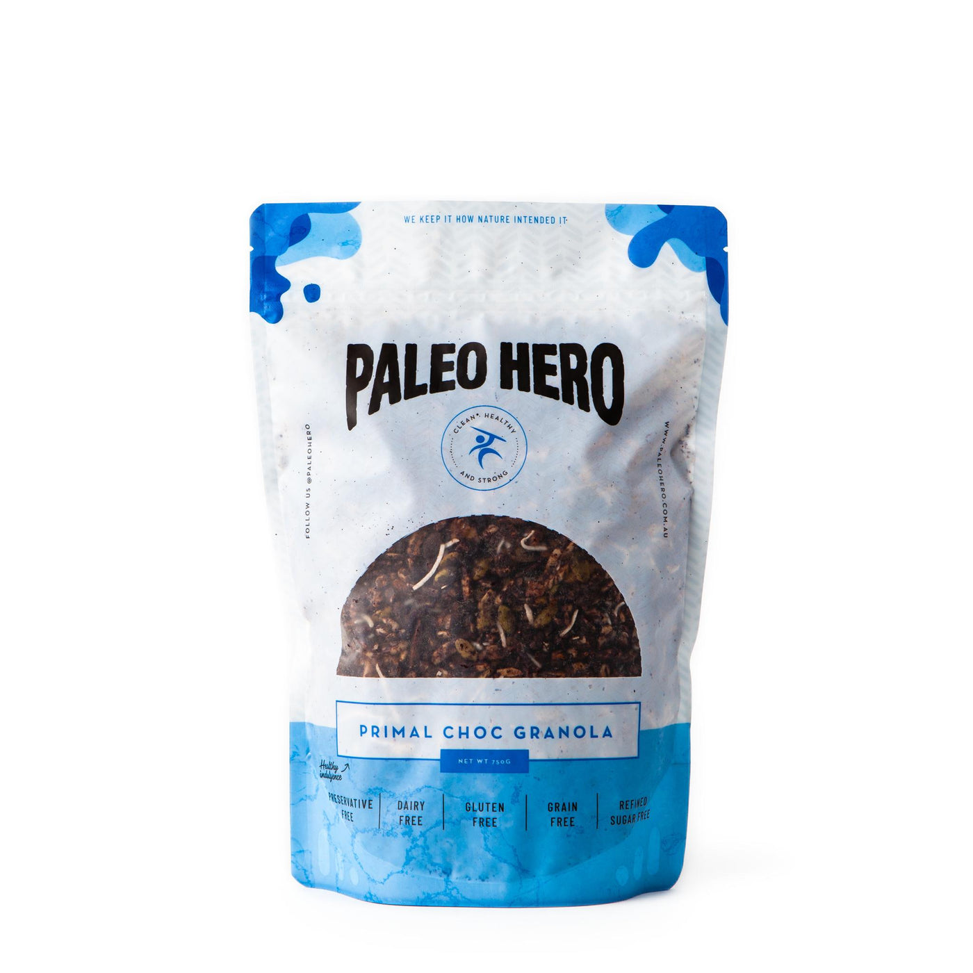 single bag of chocolate granola on a white backdrop