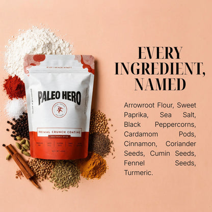 Paleo Hero Primal Crunch Coating - Southern Spice: arrowroot flour, paprika, salt, pepper and whole spices.