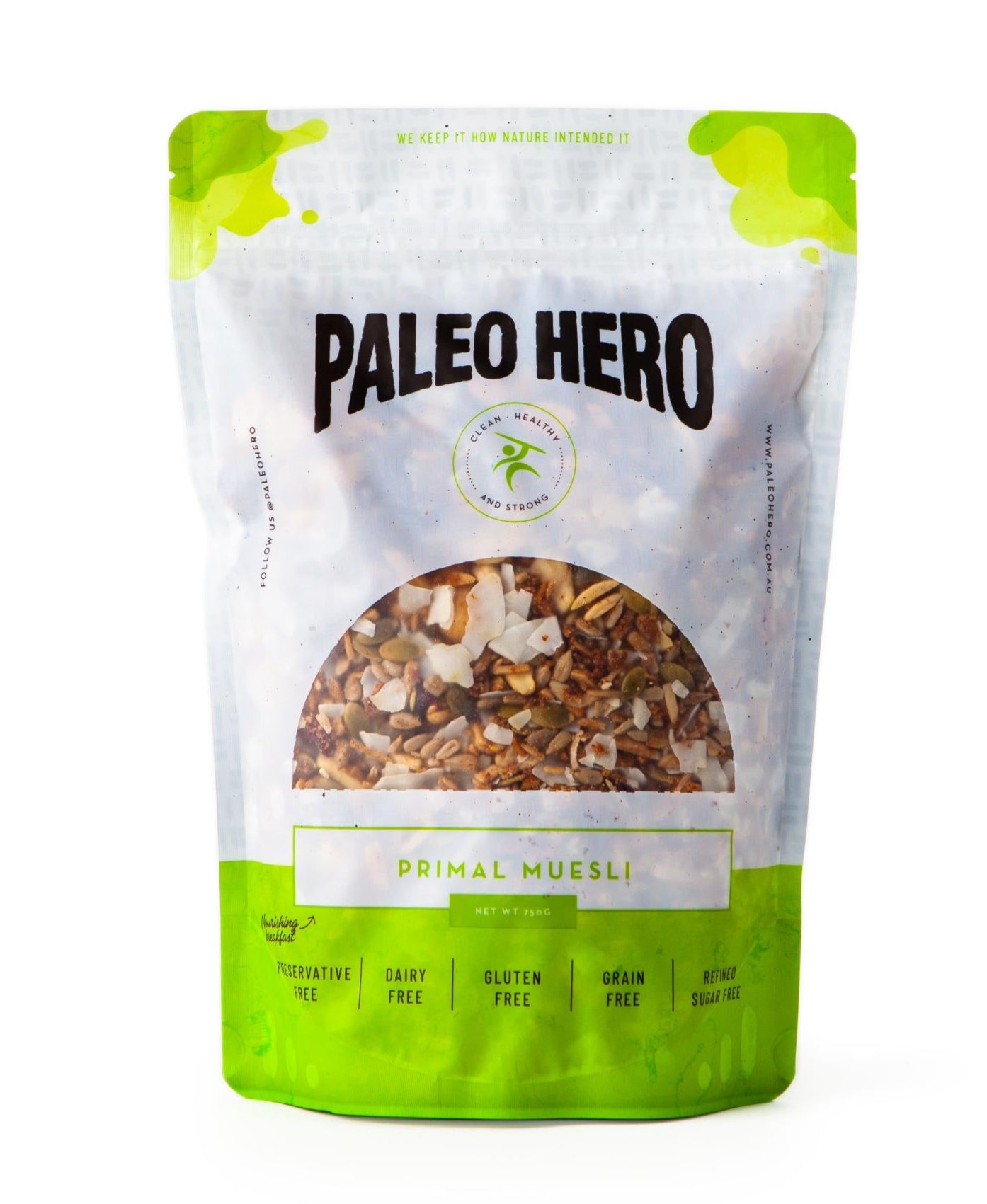 single bag of muesli on a white backdrop