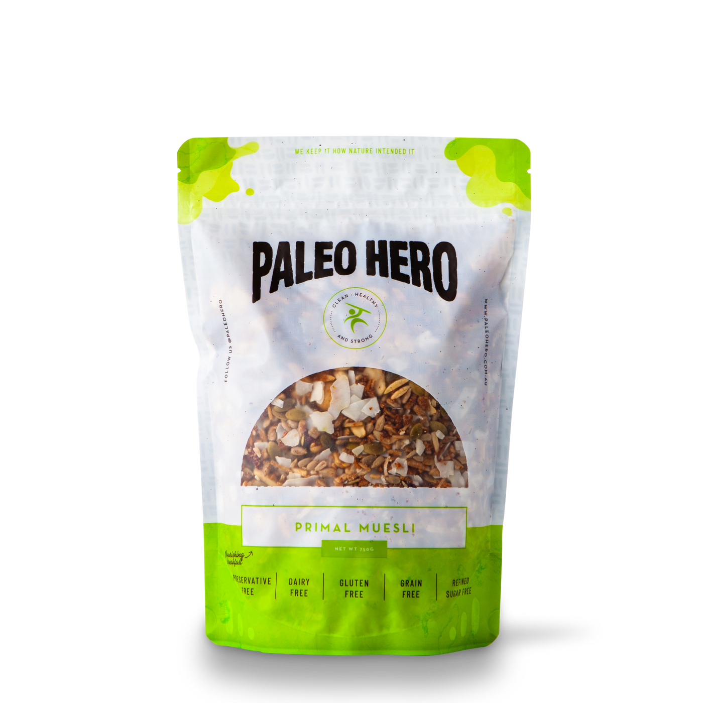 Package of Paleo Hero Primal Muesli on a white background