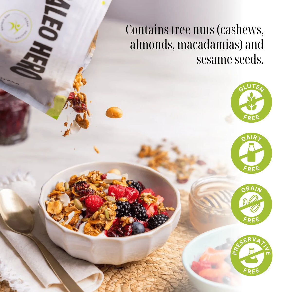 Paleo Hero Primal Muesli allergen information: contains cashews, almonds, macadamias and sesame seeds.