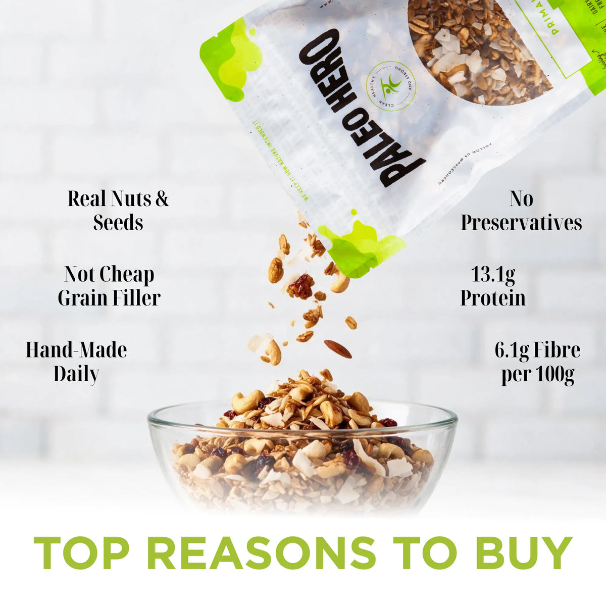 Paleo Hero Primal Muesli benefits: nuts and seeds, handmade daily, no preservatives, with protein and fibre information.