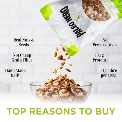 Paleo Hero Primal Muesli benefits: nuts and seeds, handmade daily, no preservatives, with protein and fibre information.