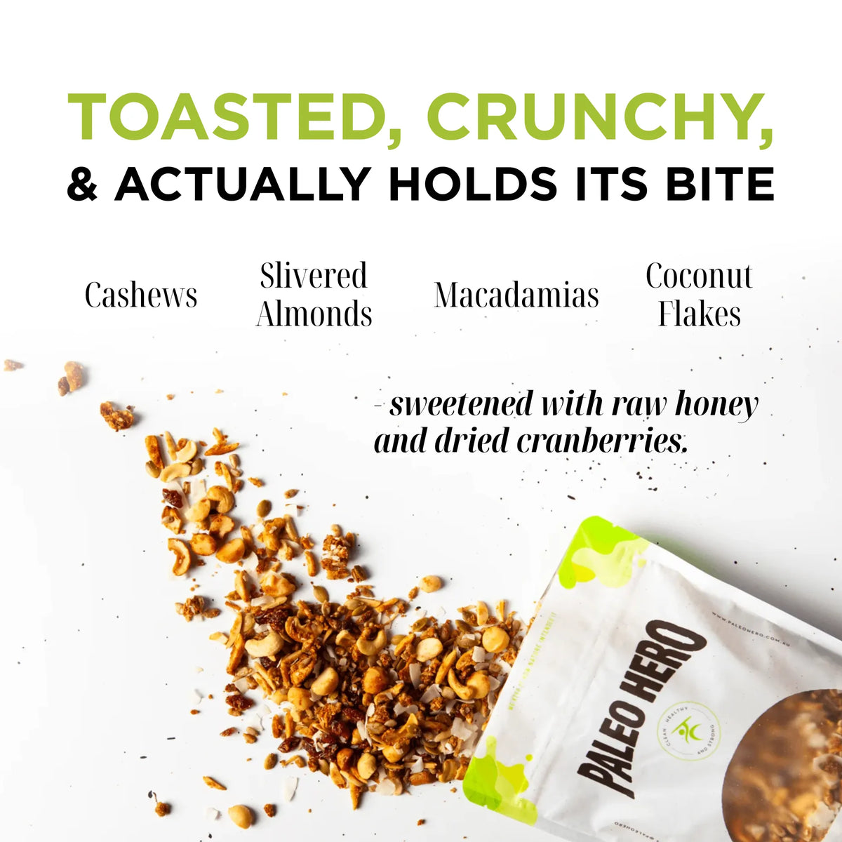 Paleo Hero Primal Muesli texture and ingredients: cashews, almonds, macadamias, coconut, honey and cranberries.