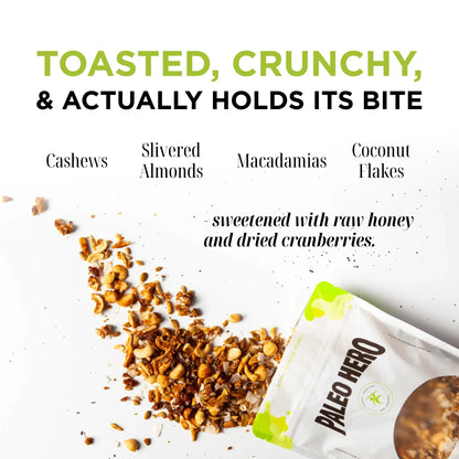 Paleo Hero Primal Muesli texture and ingredients: cashews, almonds, macadamias, coconut, honey and cranberries.