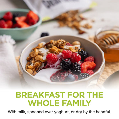 Paleo Hero Primal Muesli with yoghurt and berries, showing breakfast and snack serving suggestions.