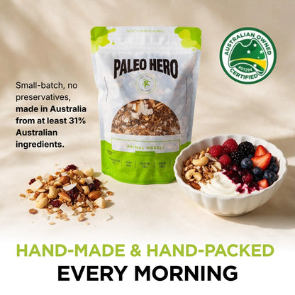 Paleo Hero Primal Muesli pouch and serving bowl, highlighting handmade and hand-packed Australian production.