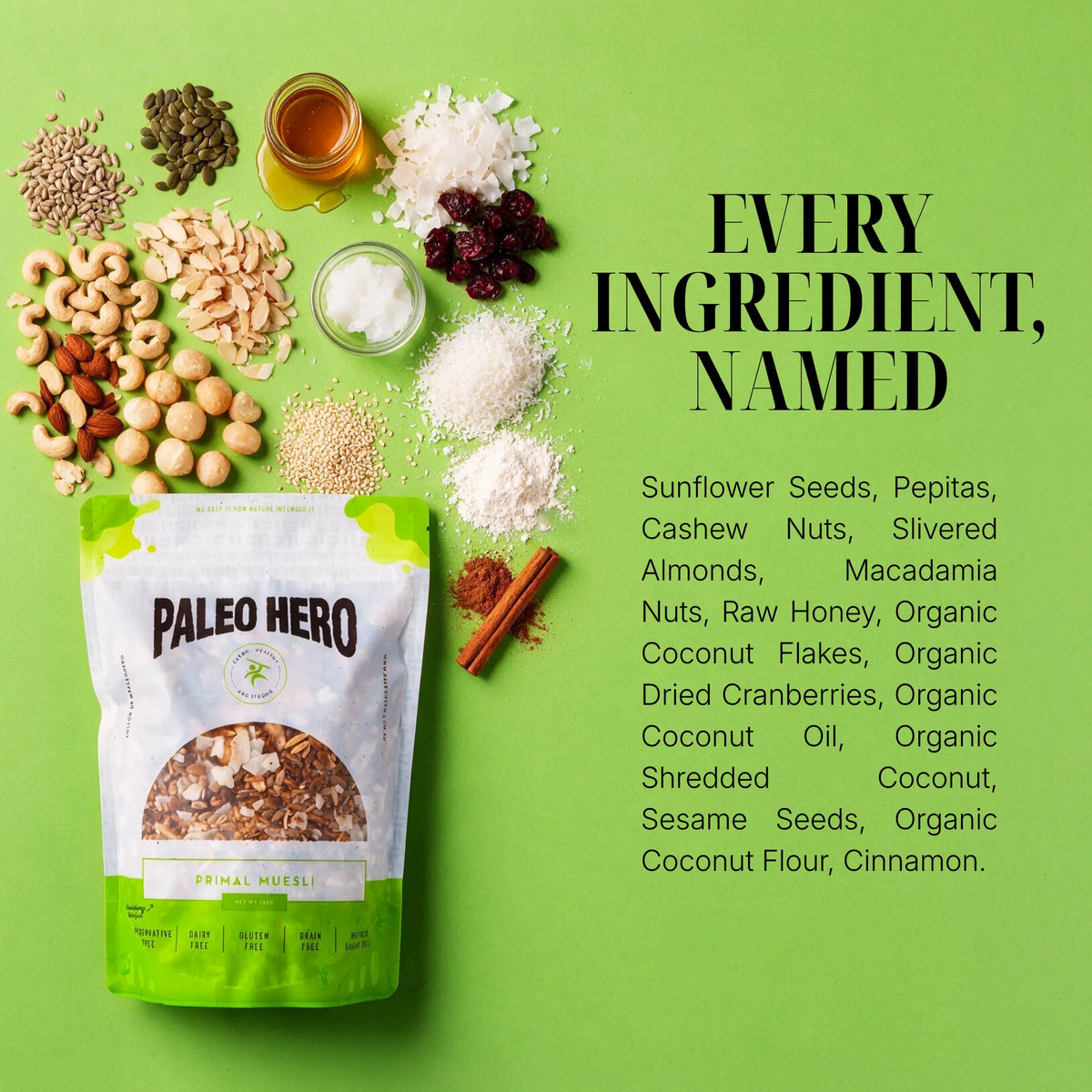 Paleo Hero Primal Muesli ingredient guide, showing nuts, seeds, coconut, honey, cranberries and cinnamon.