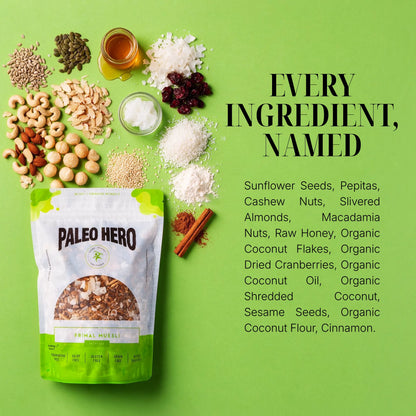Paleo Hero Primal Muesli ingredient guide, showing nuts, seeds, coconut, honey, cranberries and cinnamon.