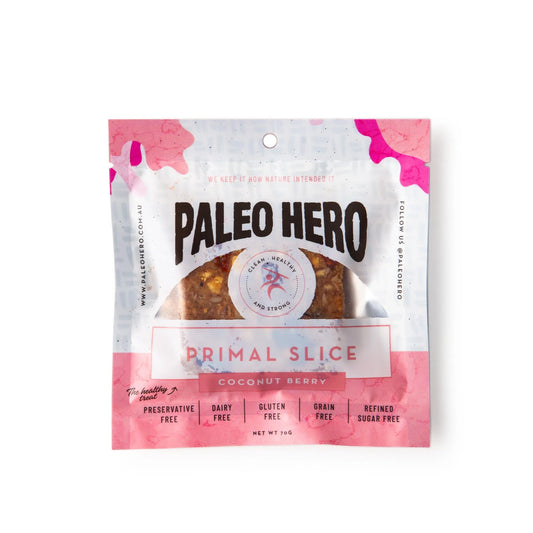 Paleo Hero Primal Coconut Berry Slice 70g pouch.