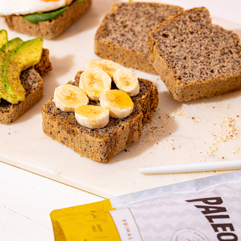 5 slices of banana and 3 slices of Avocado on top of a slices of Paleo Hero Primal Bread Mix